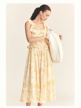 PILCRO RUFFLED SMOCKED-WAIST BUTTON-FRONT MIDI DRESS